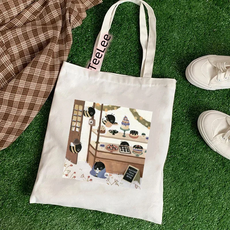 Cats Canvas Tote Bag Shopper Bag Animal Bee Handbag Fashion Casual Large Capacity Cute Cartoon Letters Printing Shoulder Bag