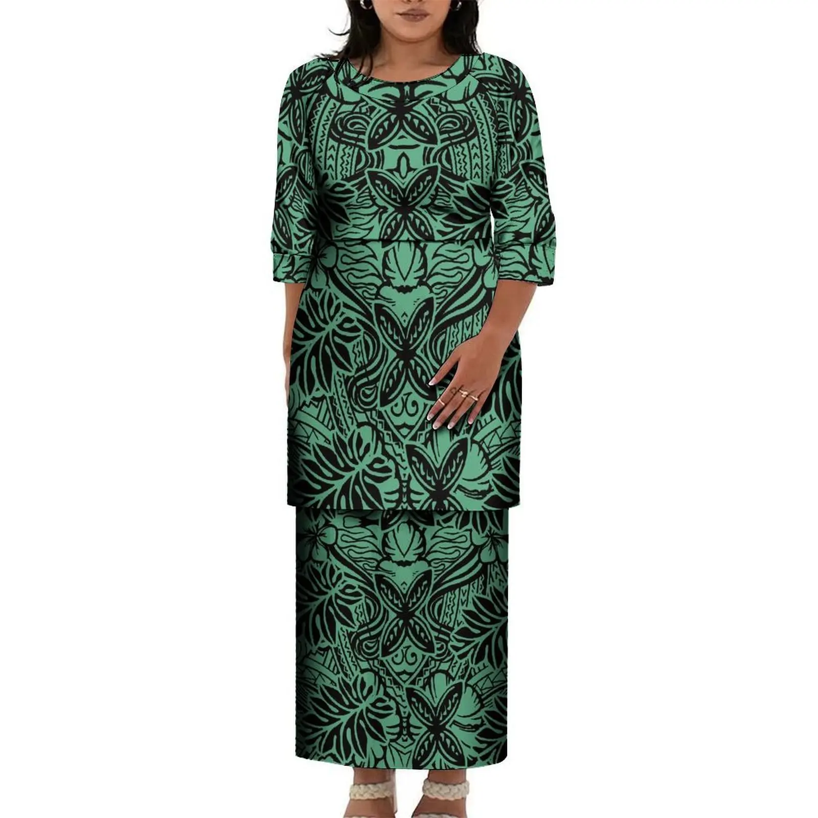 Dropshipping Custom Samoan Puletasi Dresses Set Large Size Women O Neck Prom Dress Tonga Samoan Print Half Sleeve Dress 2 Piece