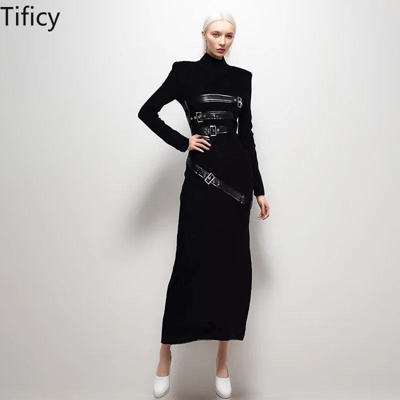 

TIFICY Sexy Knitted Long Dress Women's Autumn New Product Stand Up Collar Leather Splicing Slit Tight Fitting long sleeve Dress