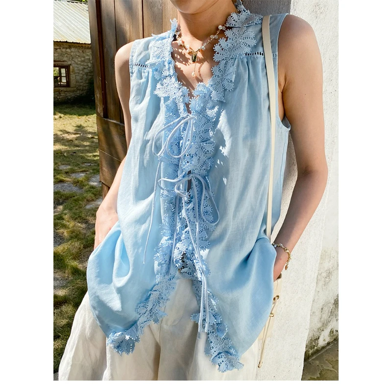 

Women’s Linen Blend Embroidered Lace Up White Blouse French Style Boho Chic Sleeveless Summer Top