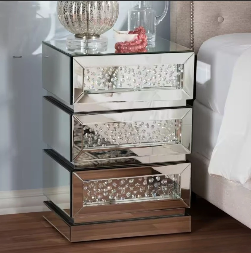 Mirror Bedside Furniture Silver Crystal Mirror Headboard with Three Drawers Storage