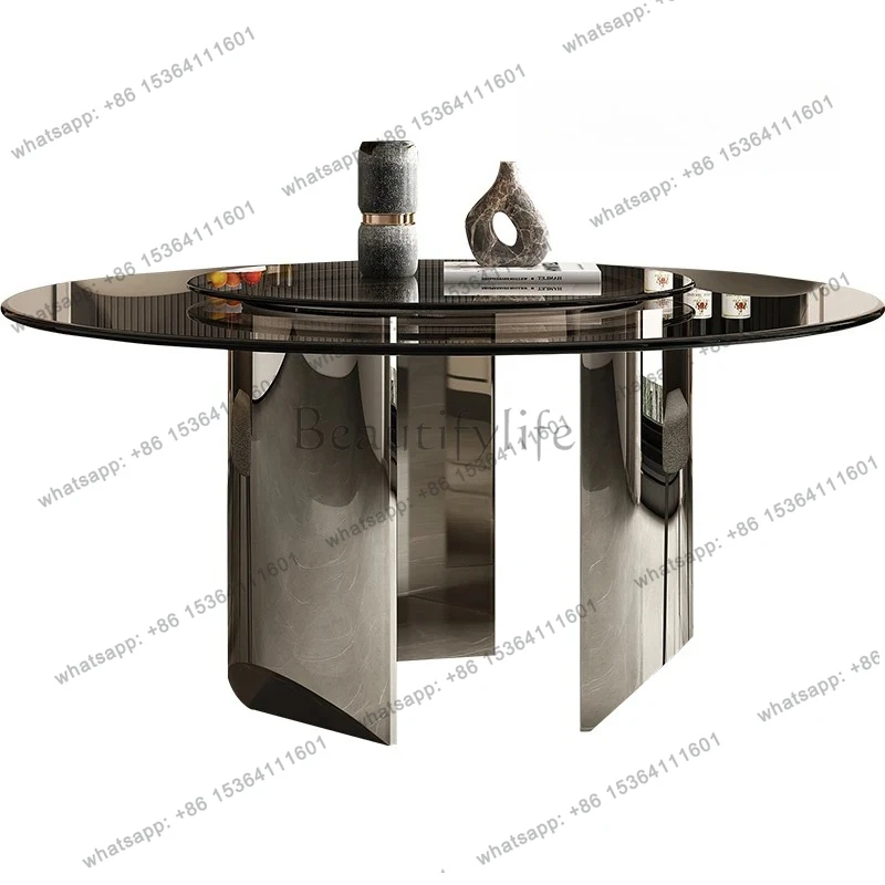 

Tempered glass dining table household small apartment dining table round stainless steel dining table and chair combination