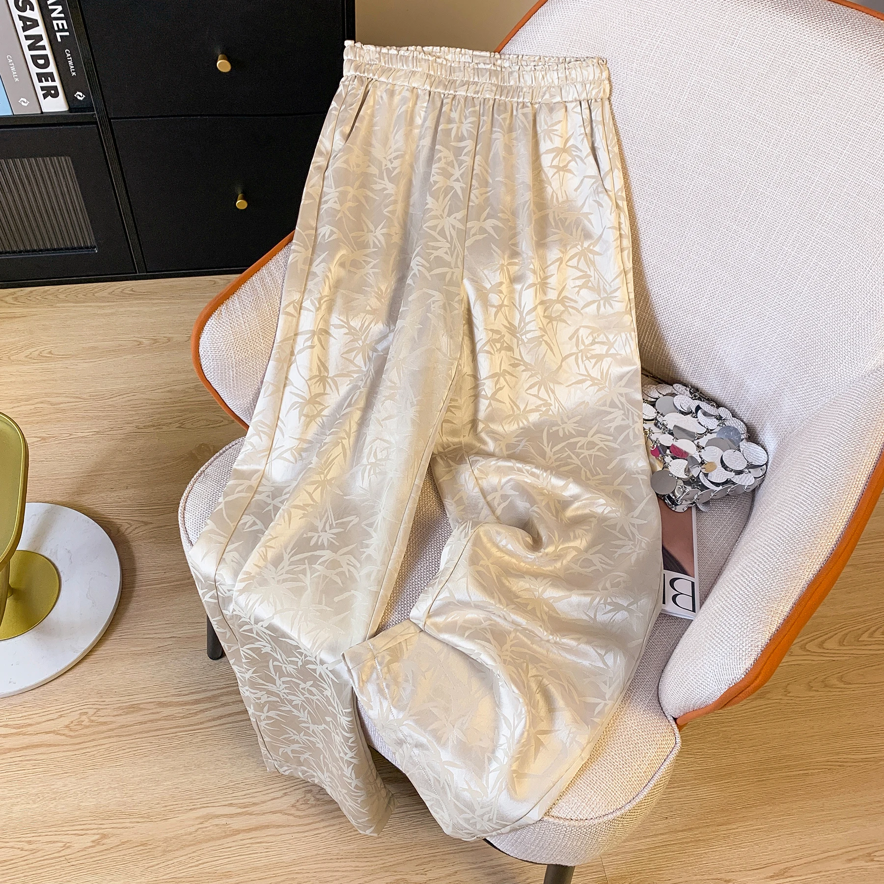 

Новые китайские шелковые широкие брюки с высокой талией и узкой версией, женские летние элитные драпированные повседневные длинные брюки