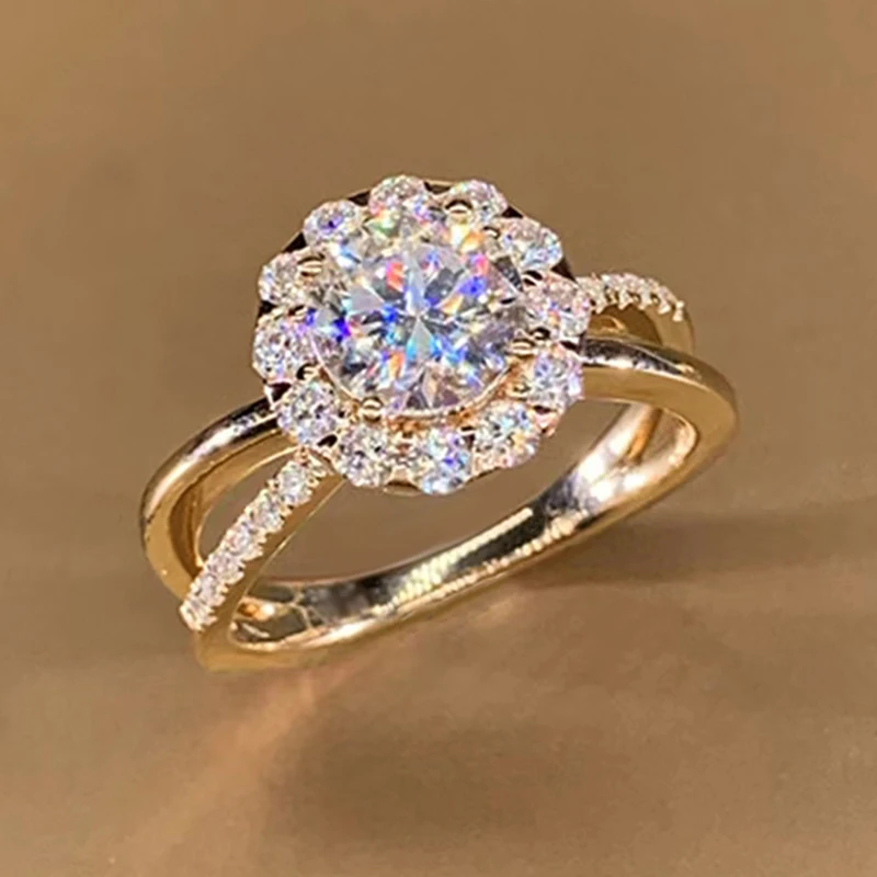 Huitan Luxury Gold Color Wedding Rings for Women Full Paved Sparkling Crystal Cubic Zirconia Engagement Bands Fashion Jewelry