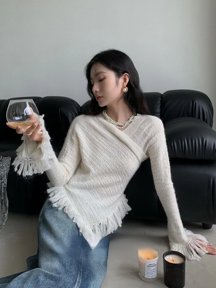 Knitted Pullovers Women Irregular Designed Slim Tassel Gentle Office Ladies Elegant Flare Sleeve Vintage French Sweaters Popular