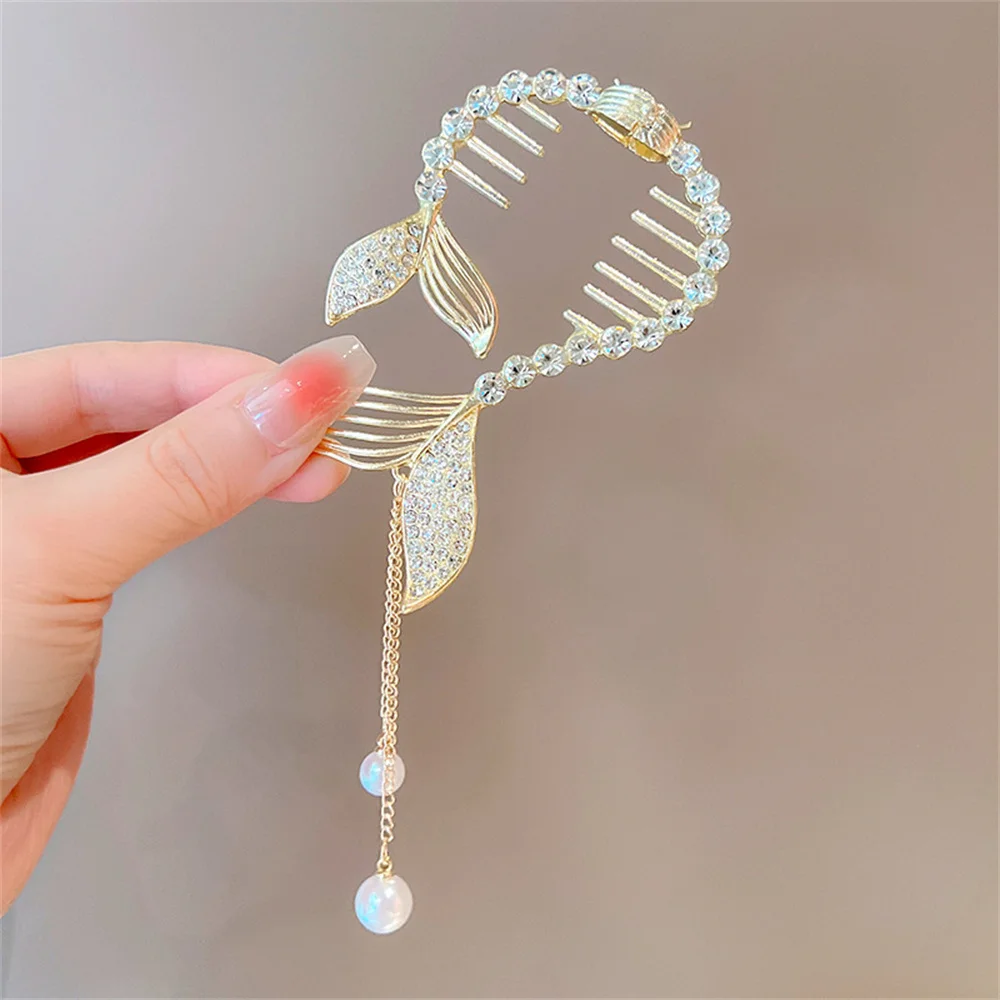 Pearl Tassel Rhinestone Hair Clasp Bun Maker Hair Claw Girls High Ponytail Clip Temperament Hair Buckle Headdress Accessories