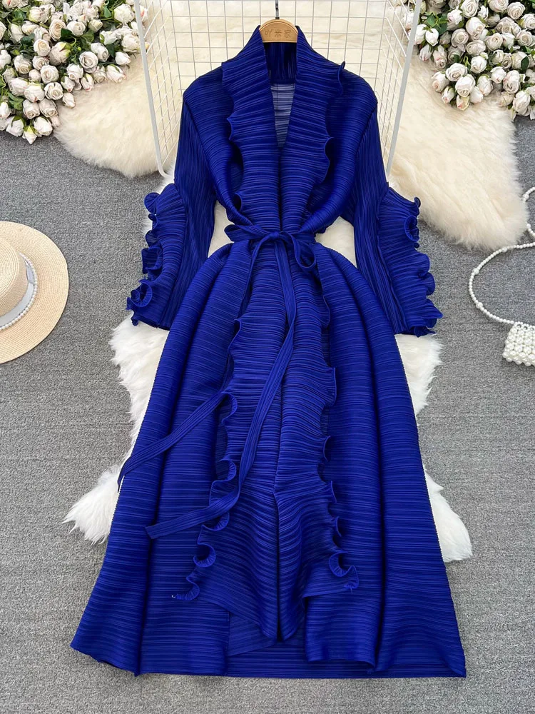 Miyake Pleated Dress For Women Autumn Shawl Collar Ruffles Lace-Up Belt High Stretch Oversized Loose Vintage Robe Maxi Vestidos