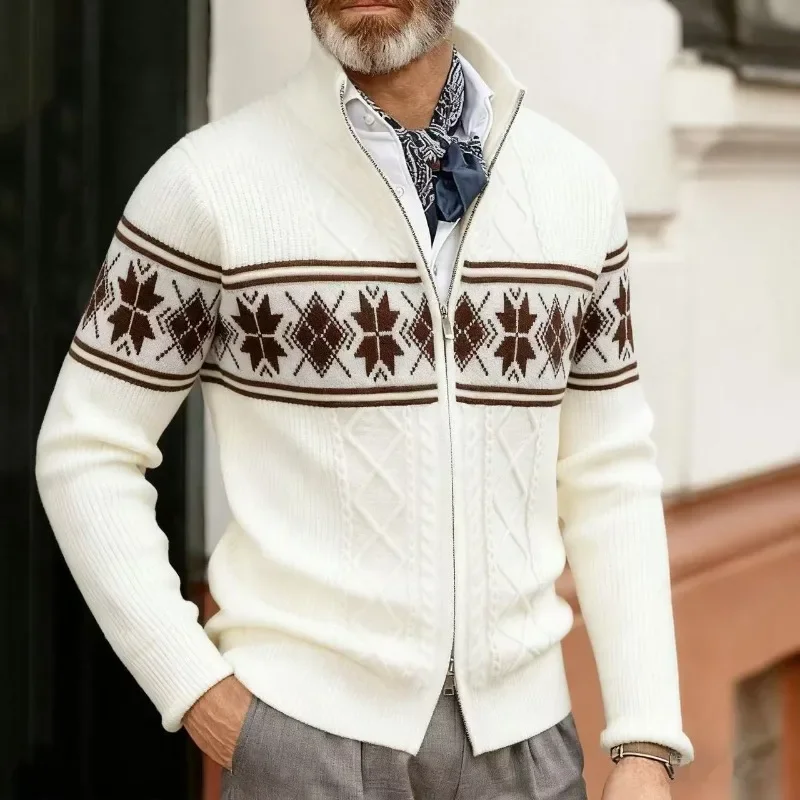 

Жаккардовый свободный вязаный кардиган большого размера, новый мужской повседневный рождественский свитер с воротником-стойкой, модный
