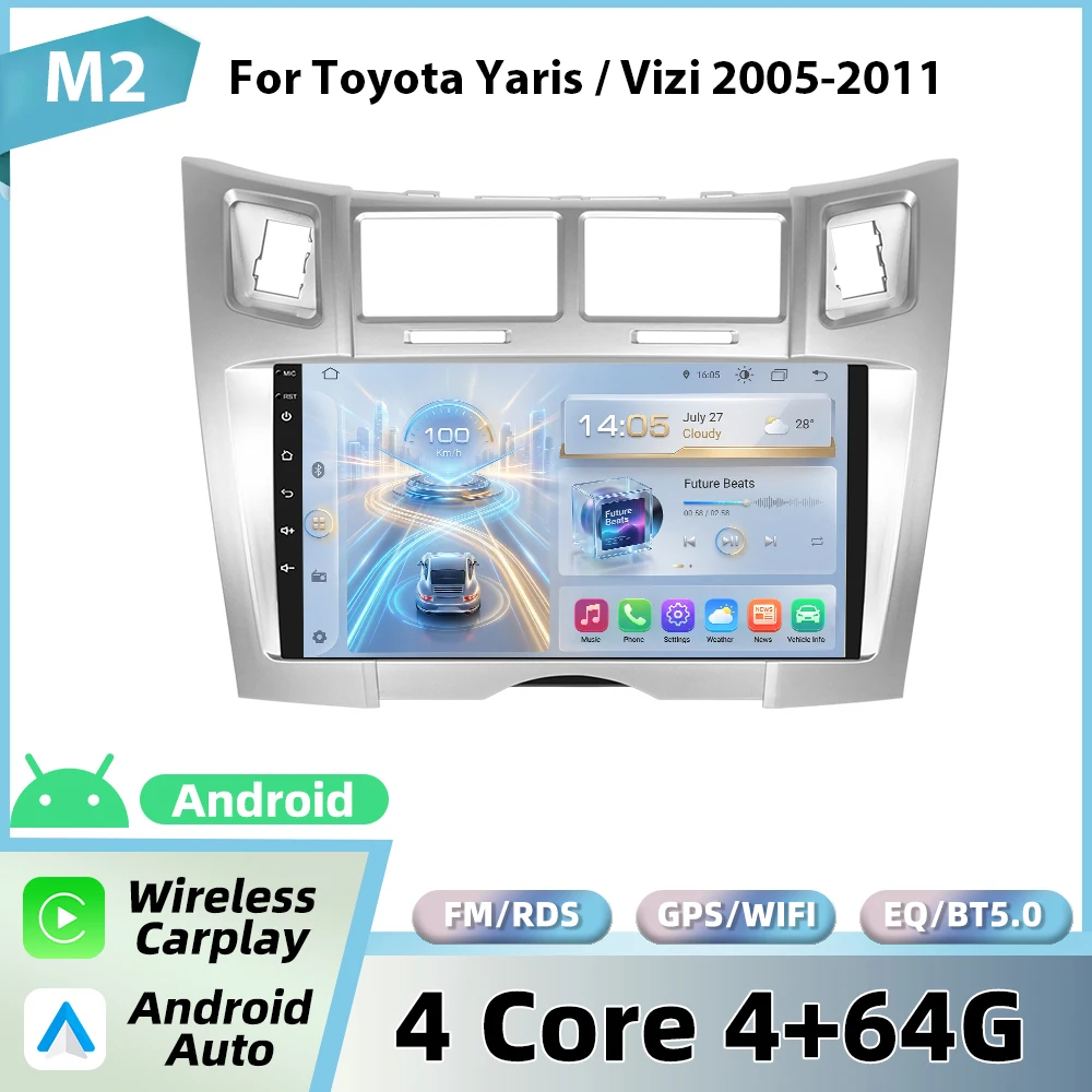Podofo draadloze CarPlay voor Apple voor Toyota Yaris/Vizi 2005-2011 Android Auto autoradio GPS FM/RDS WiFi BT multimediasysteem