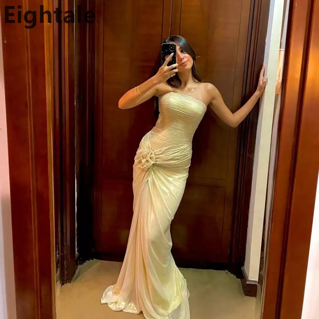 

Eightale 2025 Yellow Mermaid Maxi Evening Dress For Wedding Party Strapless Formal Prom Dress Dubai Party Gown