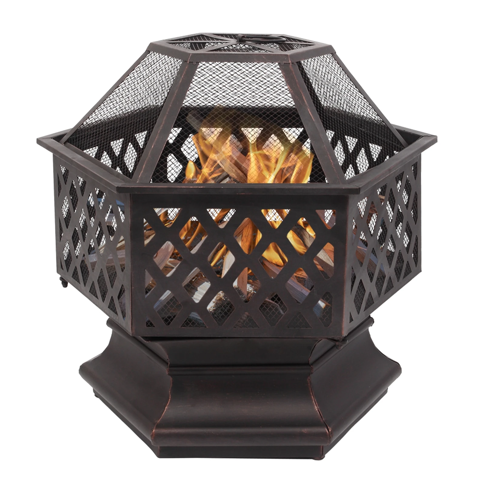 22 Inch Hexagonal Iron Fire Pit, Wood Burning Brazier with Mesh Spark Screen, Outdoor Backyard Patio Poolside Fire Bowl for Garden Camping Heating Decor