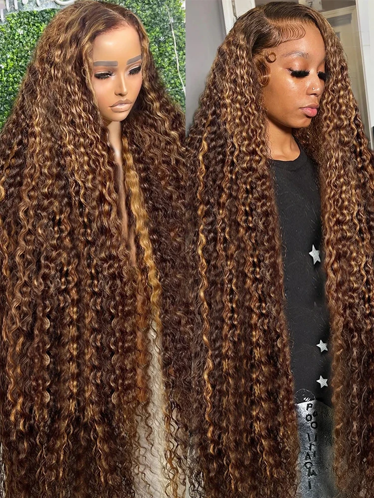 250% Density 30 36 Inches Highlight Bouncy Curly Wig 13X4 Transparent Lace Frontal Human Hair Wigs 4/27 Brown Colored Swiss Lace Water Wave Wig Pre Plucked With Baby Hair Brazilian Deep Wave Lace Front Human Hair Wigs For Women
