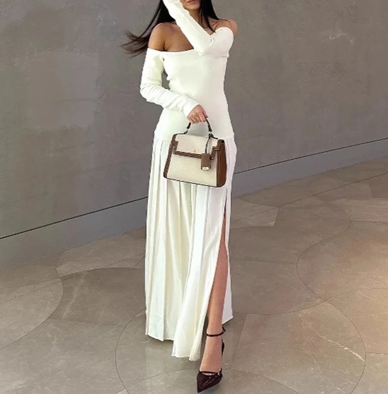 

Women Long Dresses Off Shoulder Long Sleeve Patchwork Pleated Side Slit Sexy Dress Casual All-match Vestidos Temperament Elegant