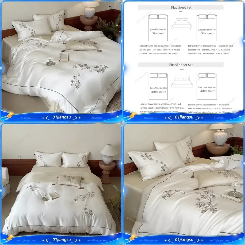 Luxury 600TC Lyocell Eucalyptus Fiber Bedding Set Floral Embroidery Soft Silky Duvet Cover Flat Fitted Sheet Pillowcases Home