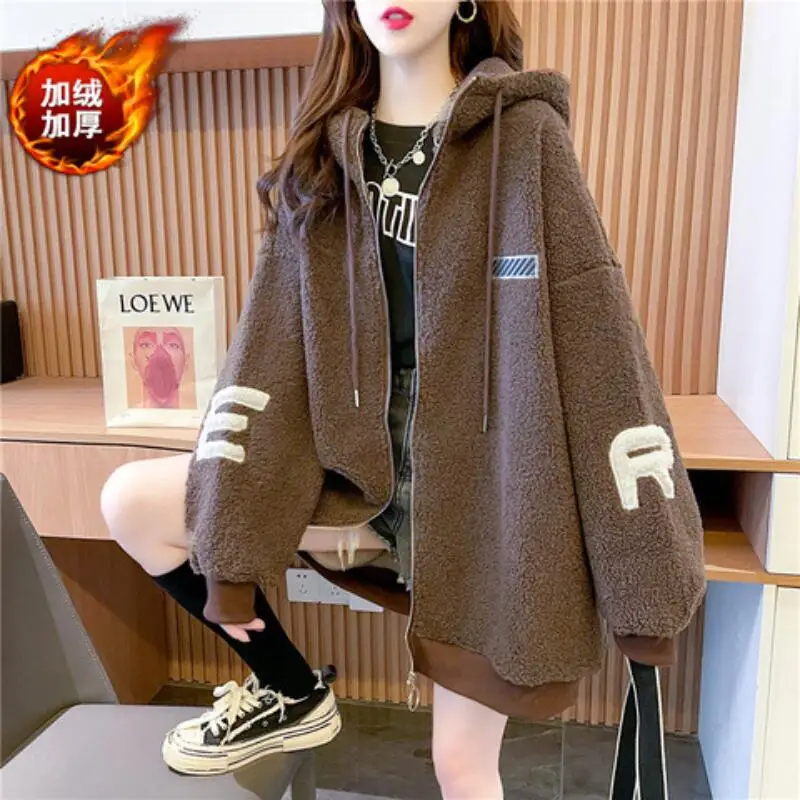 

2025 Autumn Winter New Fashion Plus Size Women Coat with Thick Velvet Comfort Warm College Style Casual Loose Hooded Sweatshirt