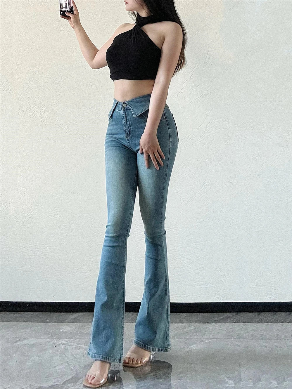 

Spicy Girl High Waisted Folded V-shaped Tight Fitting Denim Pants Summer Thin Style Lift Buttocks Micro Flared Long Pants TZXR