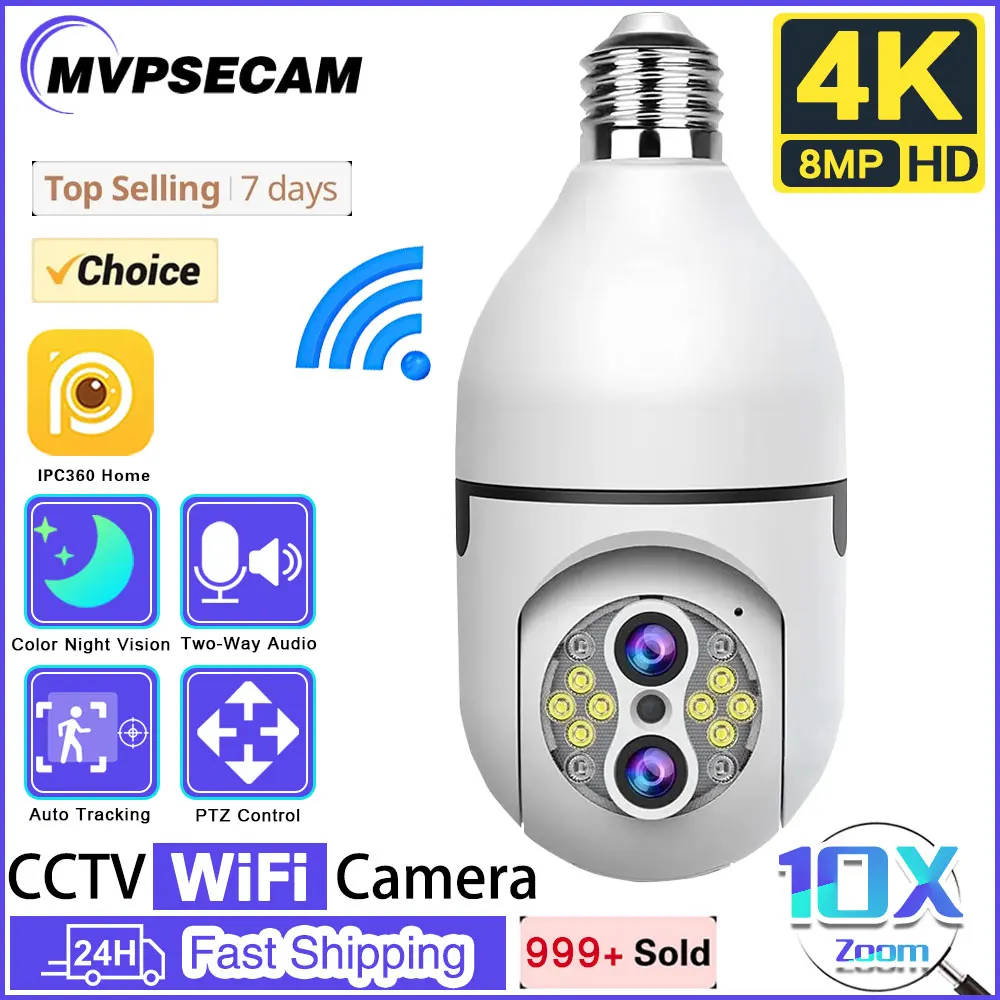 Dual Lens E27 Bulb Camera 8MP 4K WiFi Baby Monitor 10X PTZ Zoom Auto Tracking Indoor Video Surveillance Home Security Floodlight