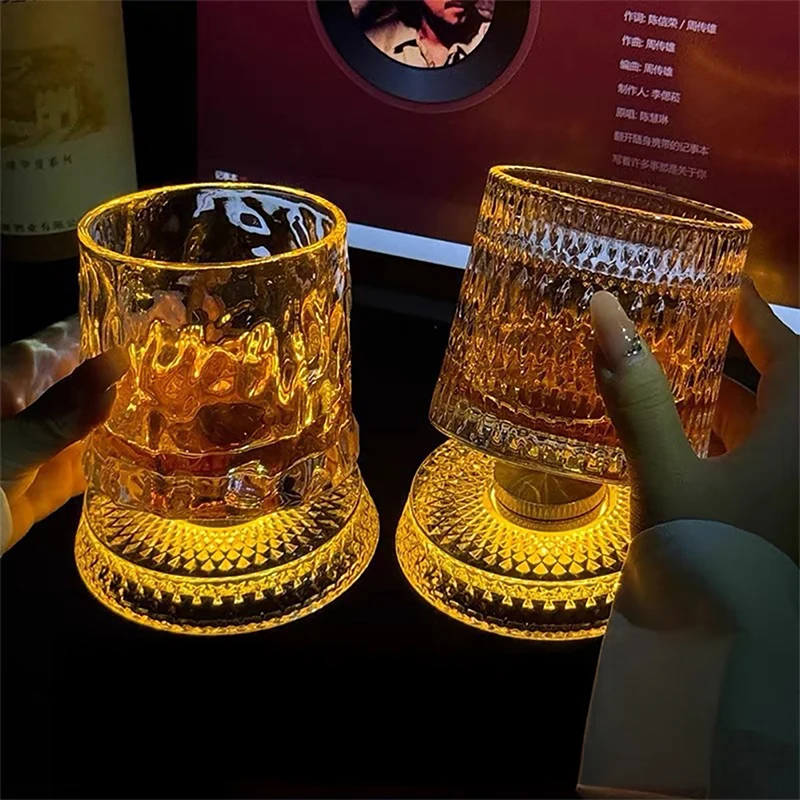 360° Rotating Whiskey Glass with LED Light Spinning Crystal Bourbon Tumbler Glowing Old Fashioned Scotch Glasses Gift 260ml