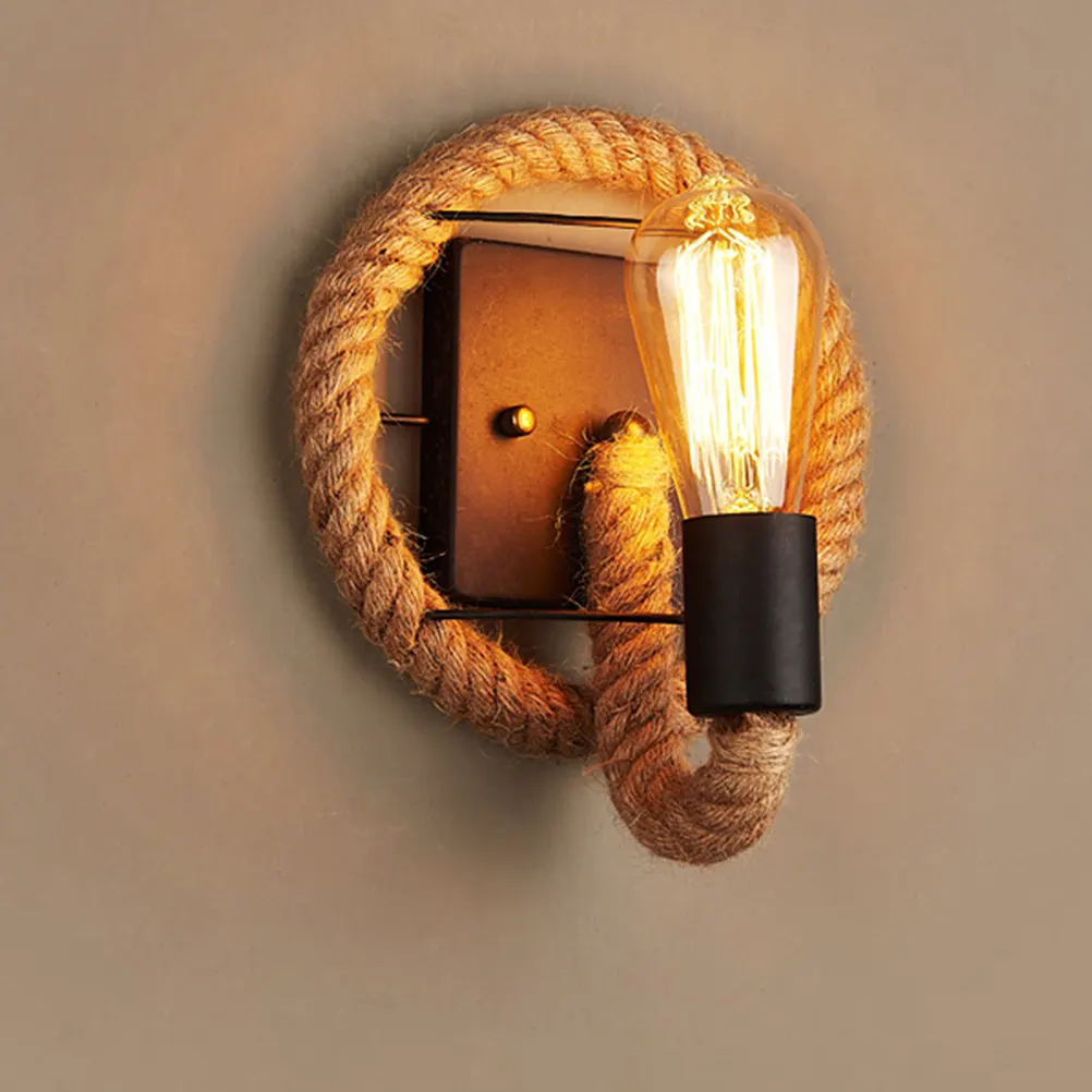 Vintage Wall Lamp Hemp Rope Design American Retro Style Round E27 Socket for Bedroom Corridor Living Room Balcony Decor Light
