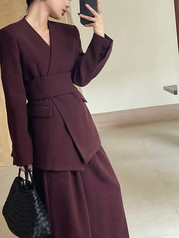 BZVW Casual Two-piece Set Women's V-neck Belt Gathered Waist Solid Color Blazer With High Waist Wide Leg Pants 2024 New 25Z1368