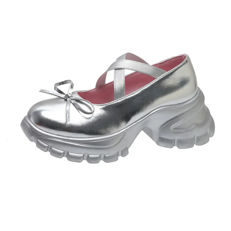 Thick soled silver shoes with new bow and raised height, paired with skirts, ballet small leather shoes, versatile single shoes