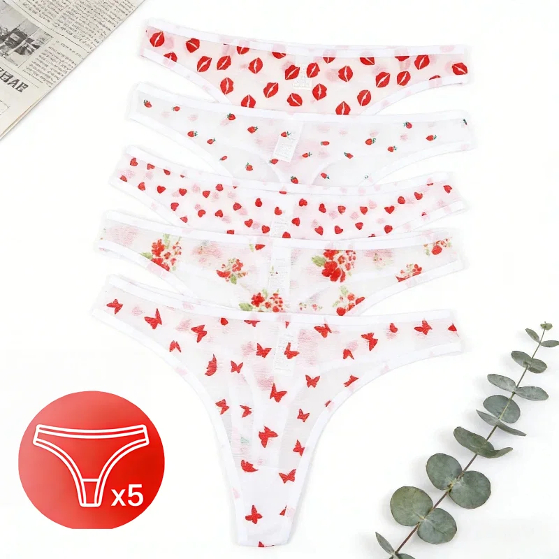 White sexy low-waisted triangle pants, heart-shaped printed comfortable hip-hug…