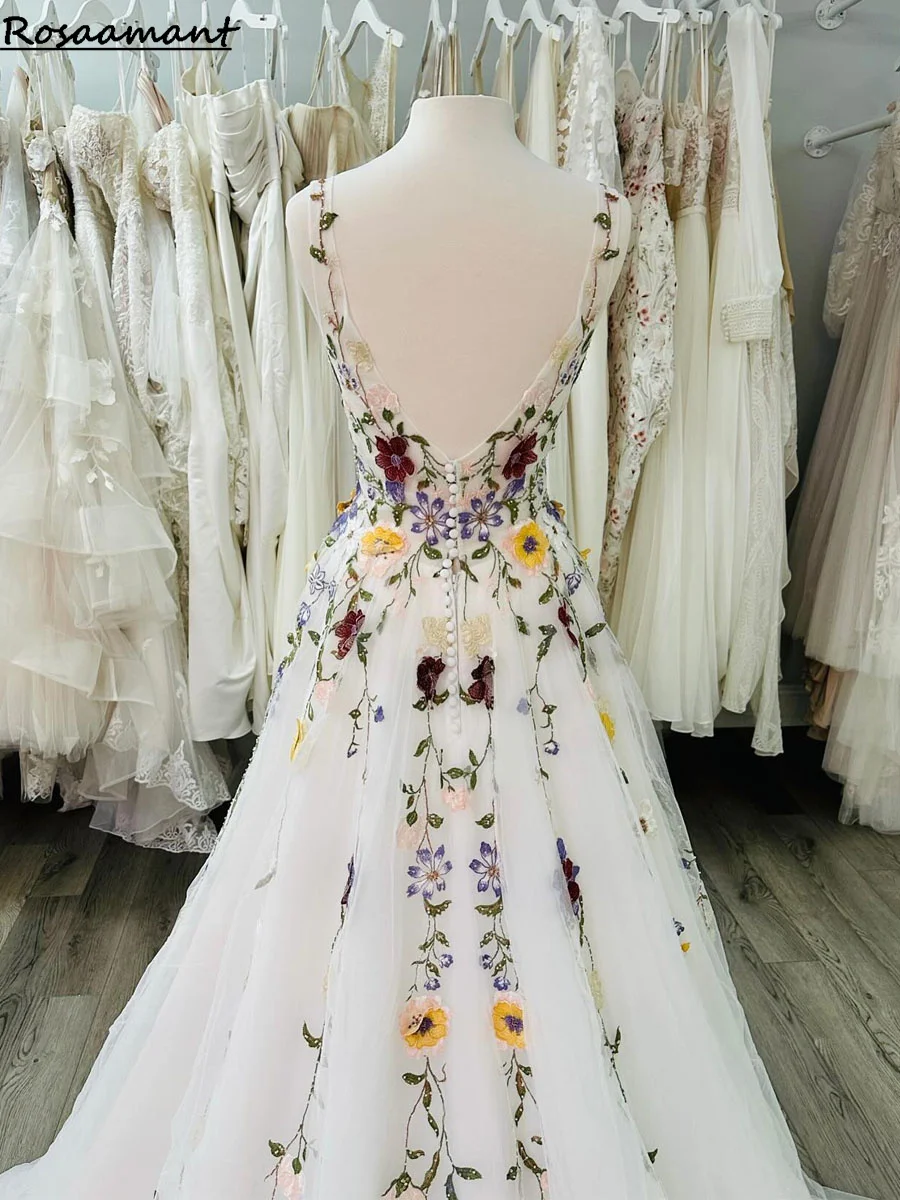 Beautiful Colorful Flower Wedding Dress Boho Fairy tale A Line 3D Florals Rustic Country Bridal Gowns Tulle Whimsical Bride 2024