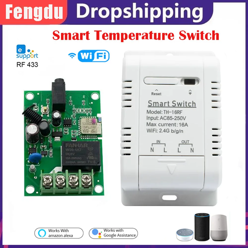 Tuya eWelink sakelar pintar TH16 RF433 pengendali jarak jauh beralih 16A pemantauan suhu dan kelembaban WiFi SwitchAlexa Google Home