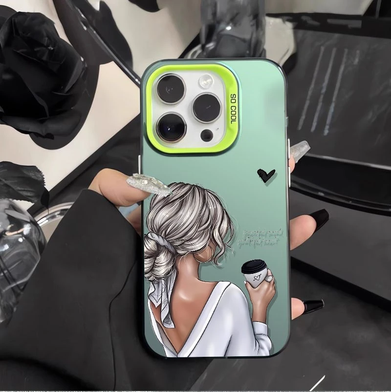 Capa de telefone material imd café feminino urbano para iphone 16 pro max 15 14 plus 13 12 11 xs xr 7 8 16e se2 capa traseira à prova de choque