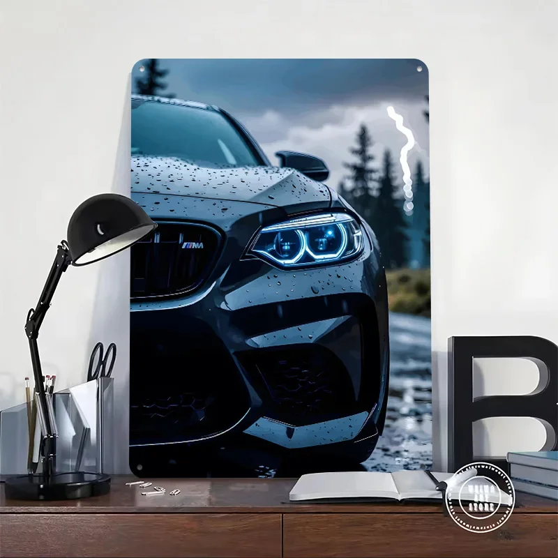 Sports Car M2 on a Rainy Day Tin Plaque Poster Customized Wall Art Retro Vintage Metal Signs for Room Decoration Garage Man Cave