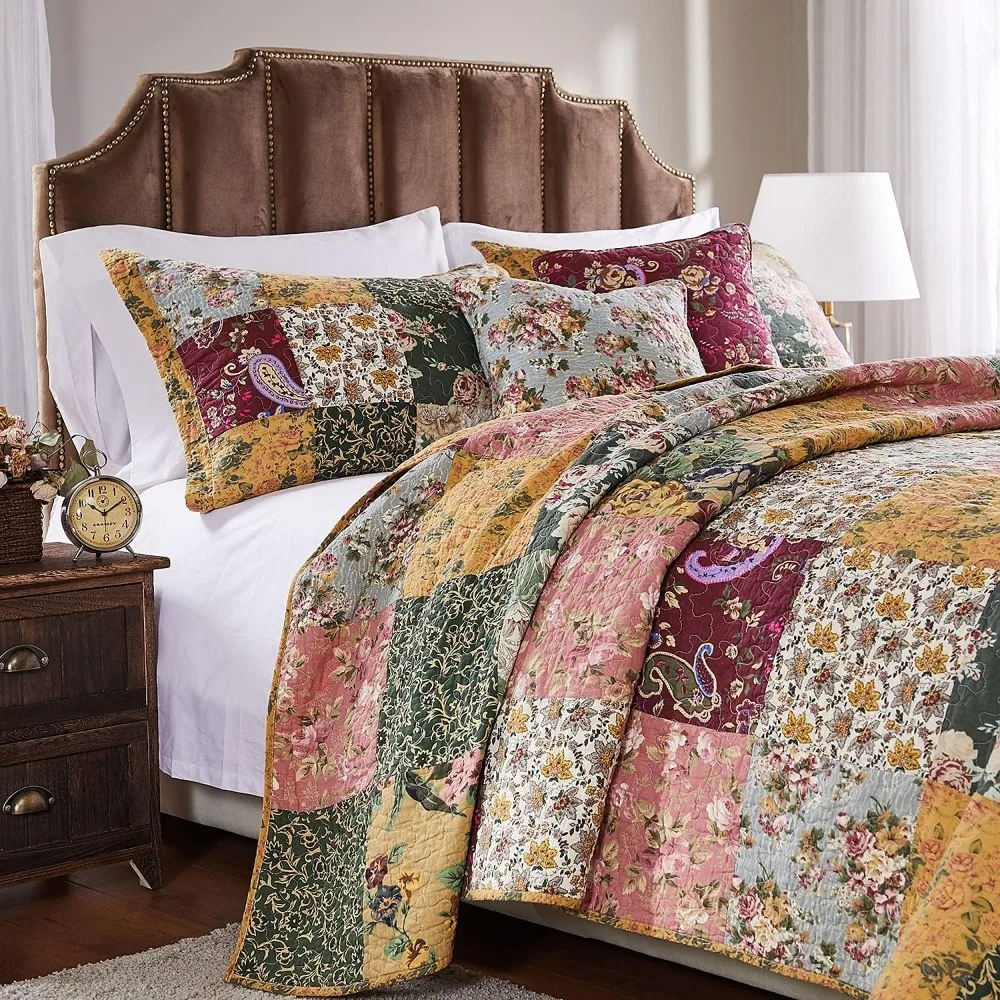 Home Quilt, Antique Unique Authentic Patchwork Cotton Quilt Set, Natural, 3-Piece Set/Large Size