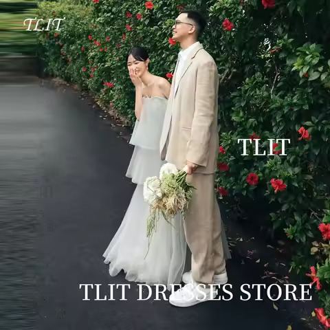 TLIT Elegant Light grey Tiered Chiffon Evening Dress Korea Wedding Dress Photo Shoot Strapless Halter Gowns Customized 이브닝 드레스