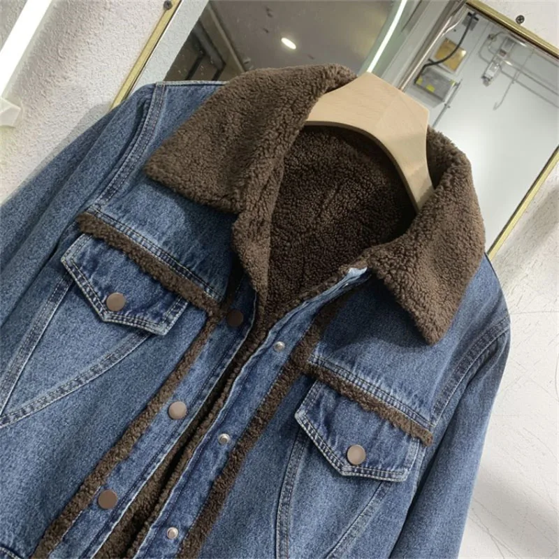 Thickened Denim Winter Coat Cotton Padded Jacket Women Clothes 2024 New Style Age-reducing Tweed Pattern Jackets Fashionable