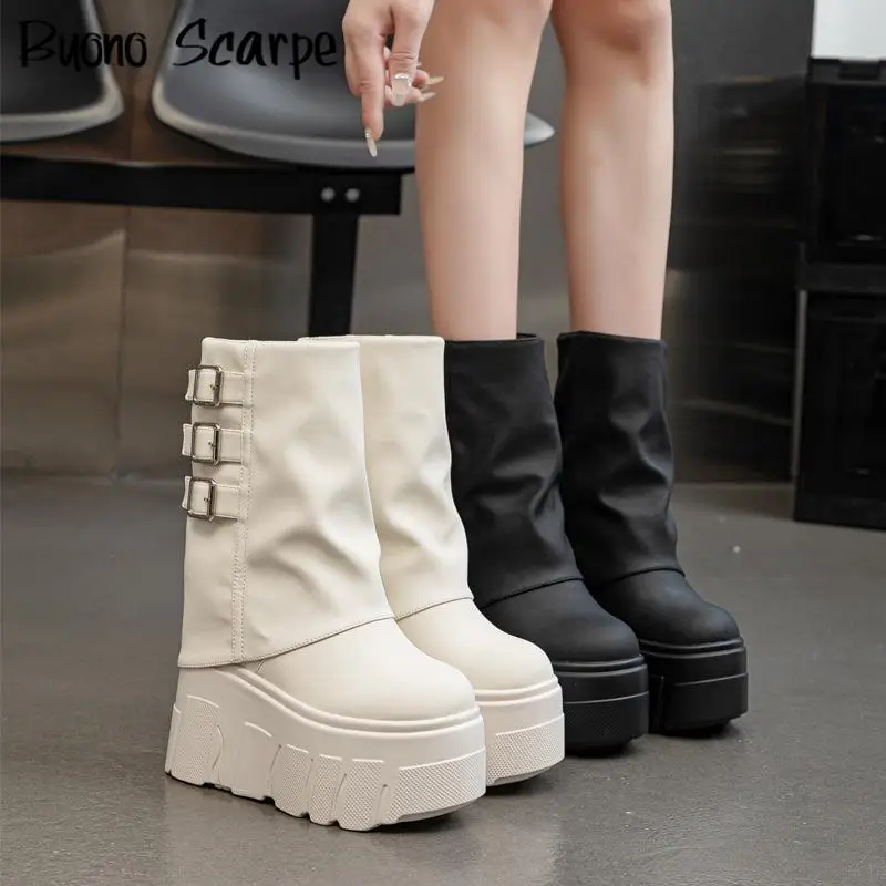 

Punk Style Belt Buckle Round Toe Thick Sole Platform Chunky Heels Women Boots Solid Color Trend Fashion Western Y2K Street Shoes