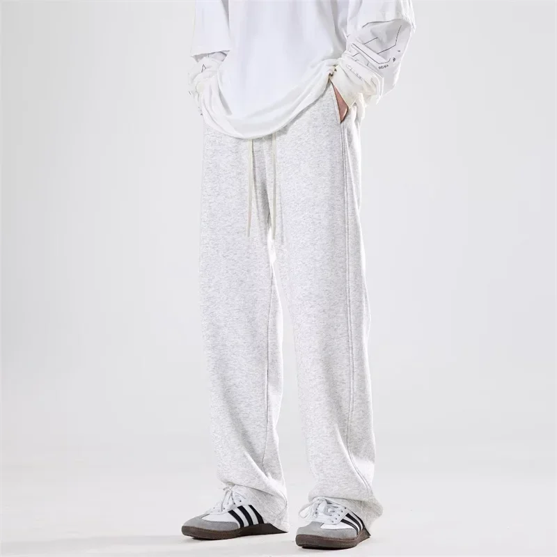 Spring Vintage Drape Straight Baggy Pant For Men Fleece Solid Color Wide-leg Sweatpants Casual Y2K Streetwear Gym Trousers