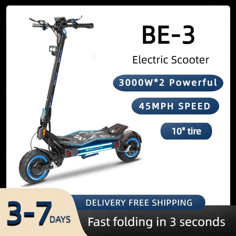 

Электросамокат BE-3 с двумя моторами 3000W*2 для взрослых, аккумулятор 60V, запас хода до 50 миль, 10-дюймовые шины.