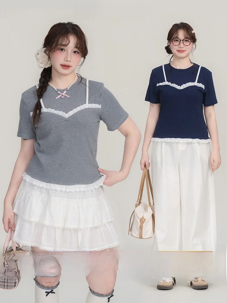 

Новая летняя женская футболка-топ с кружевными вставками и коротким рукавом, больших размеров, приталенная, из смесового хлопка, с цветочным принтом