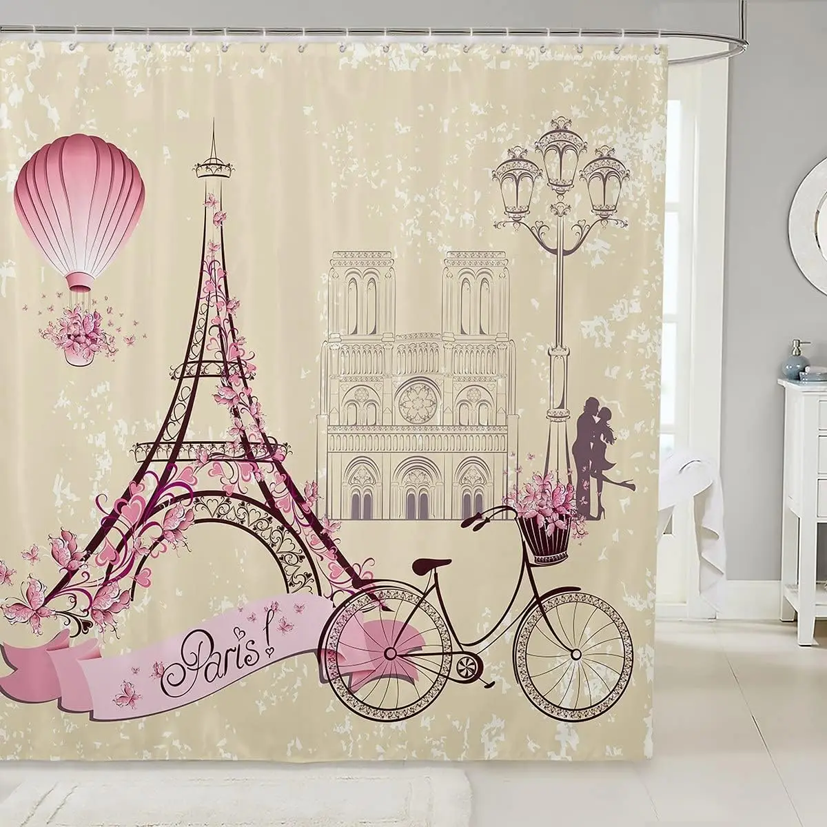 

Paris architecture Eiffel Tower Shower Curtain Bicycle Hot air Balloon Retro Romantic Pink fncy Dream Waterproof Fancy Curtain