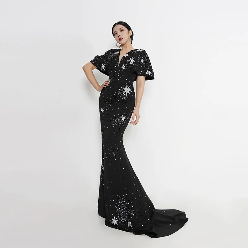 Baisha Women Sexy Evening Dress V Neck Handmade Beaded Celebrity Performance Costumes Black Party Prom Gown With Train H153-1