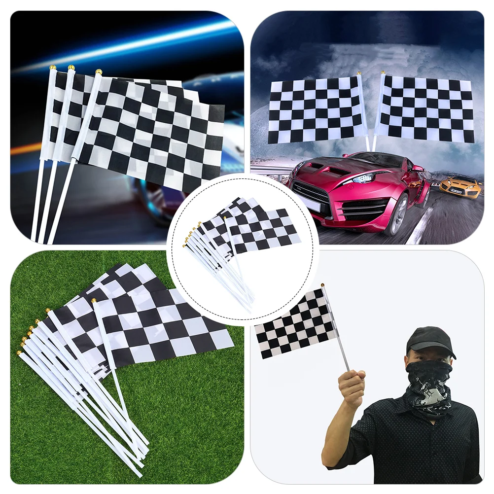 10 Pcs Black and White Racing Flag Handheld Flags Events Polyester Grid Game with Sticks