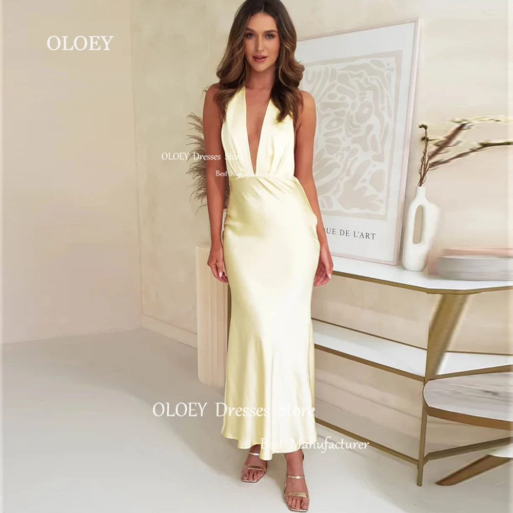 

OLOEY Sexy V Neck Mermaid Evening Dresses Satin Wedding Party Formal Prom Gowns Ankle-Length Backless Free Custom