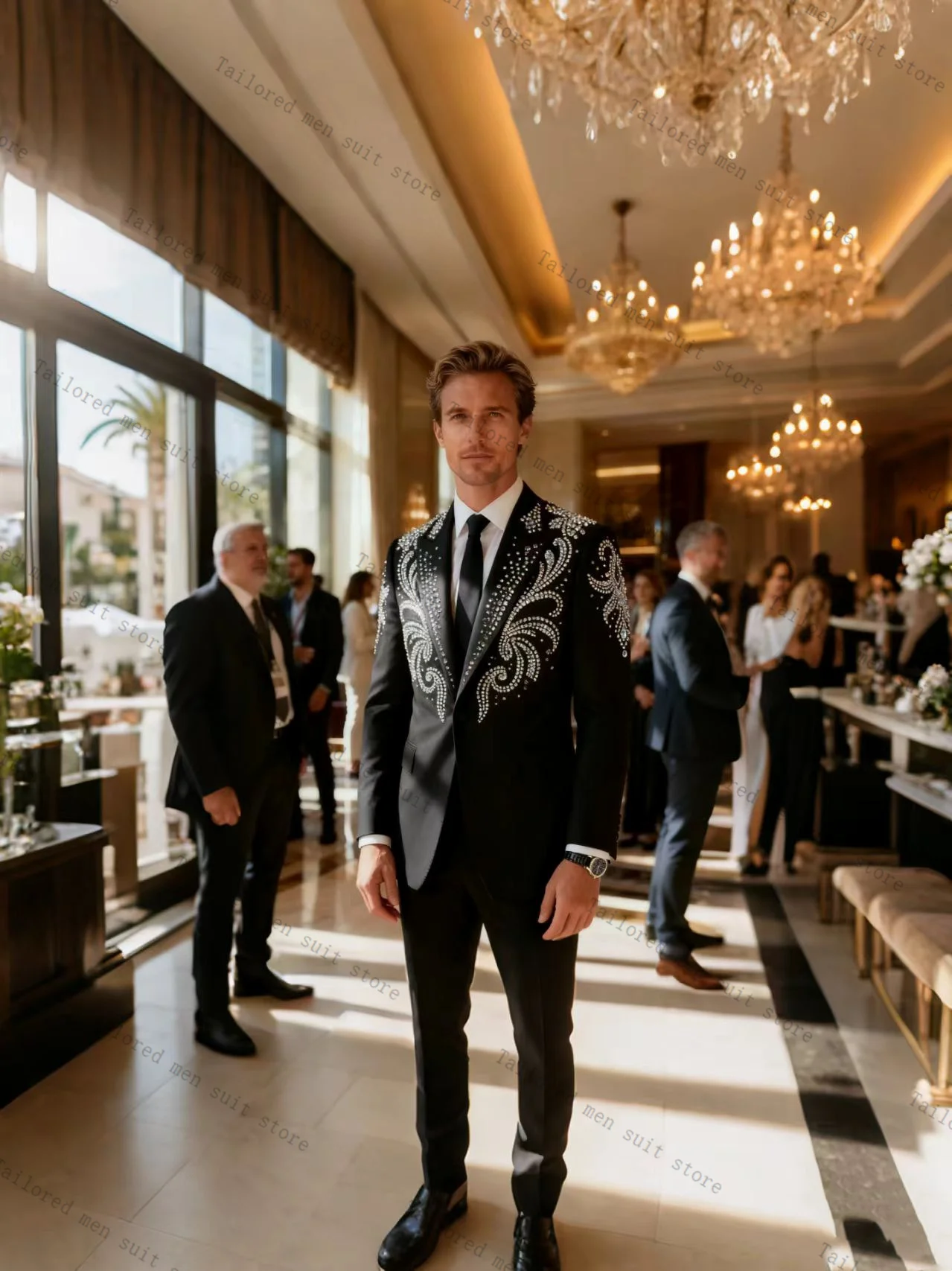 

Black Crystals Men Suits Pants Set 2 Pcs Blazer+Cotton Trousers Wedding Tuxedos Prom Jacket Formal Office Business Coat