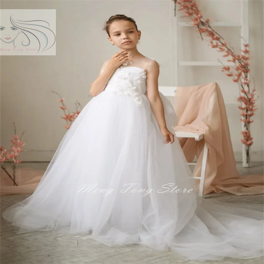 

Flower Girl Dresses White Tulle Appliques With Bow Sleeveless For Wedding Birthday Banquet First Communion Gowns