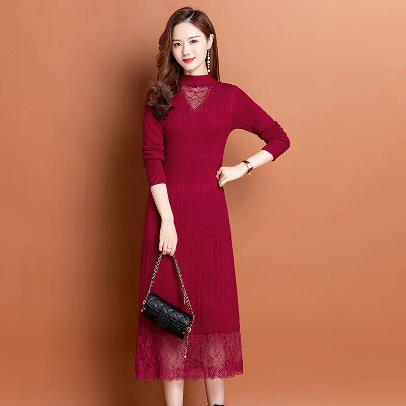 EHQAXIN Autumn Winter Women's Knit Dress Fashion New Elegant Lace Panel Hollow Out Long Pullover Sweater Dresses Ladies M-2XL