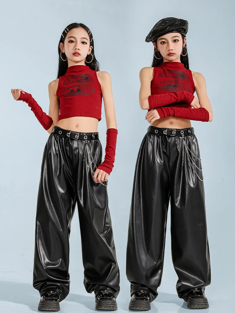 Girls Hip Hop  Dance Costume Summer Red Vest Black Leather Pants Kpop Performance Clothes Concert Kids Street Dance Wear BL15347