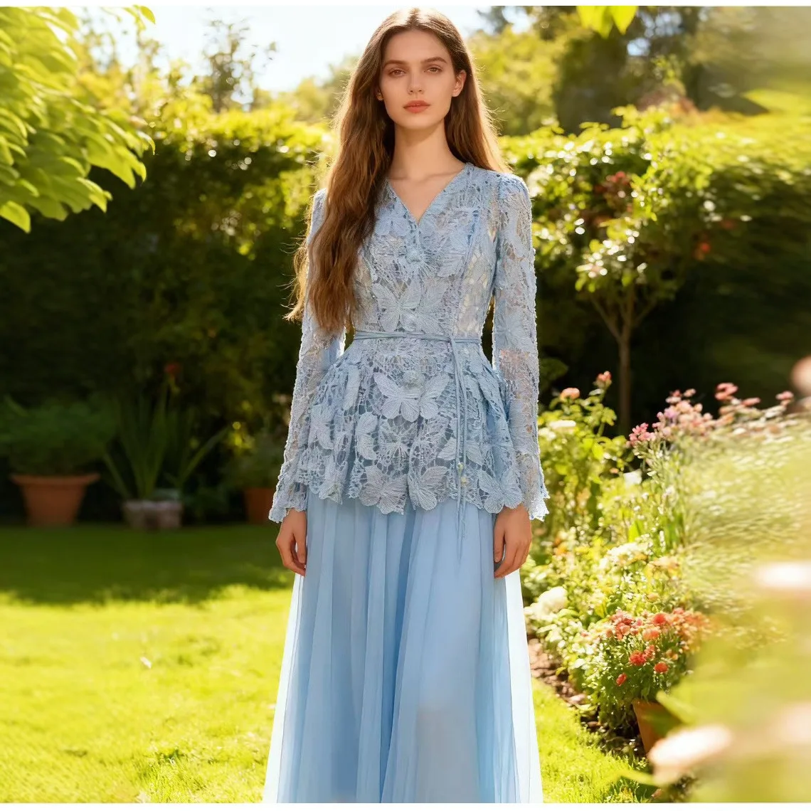 Conjunto de dos piezas de faldas largas de malla para mujer, camisa de encaje con cordones, manga larga, cuello en V, moda francesa elegante, Top de cintura alta, corte en A, otoño