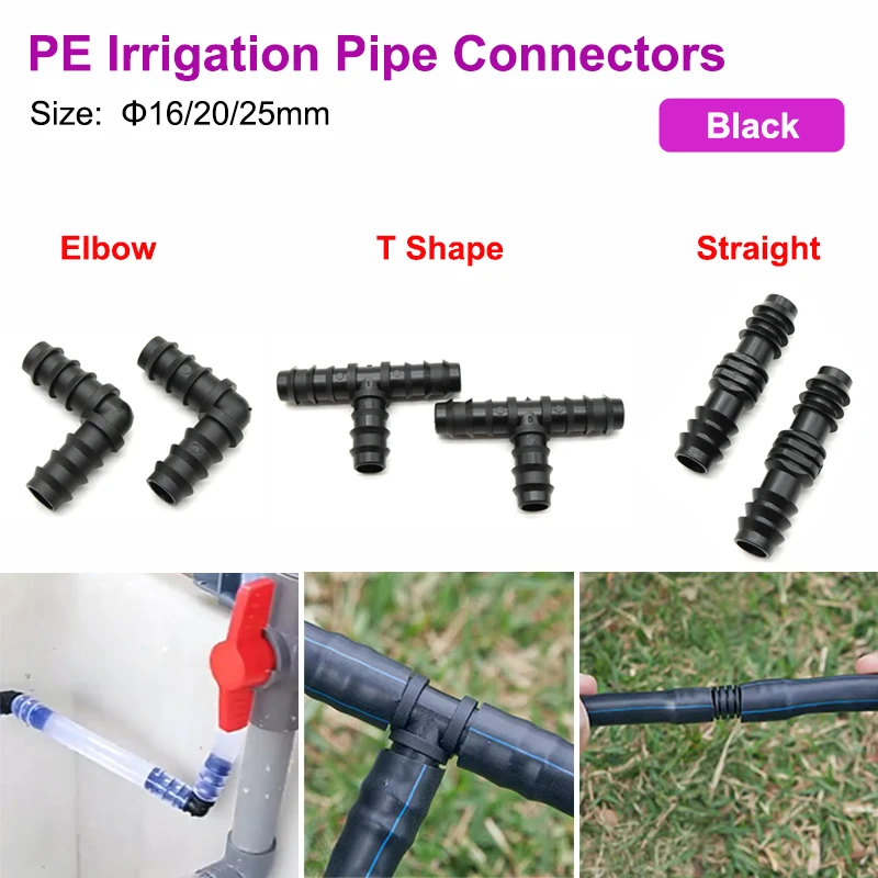 

10pcs Greenhouse PE Pipe Connector 16 20 25mm Tee Straight Elbow Plug Micro Spray Irrigation Accessories Irrigation Pipe Fitting