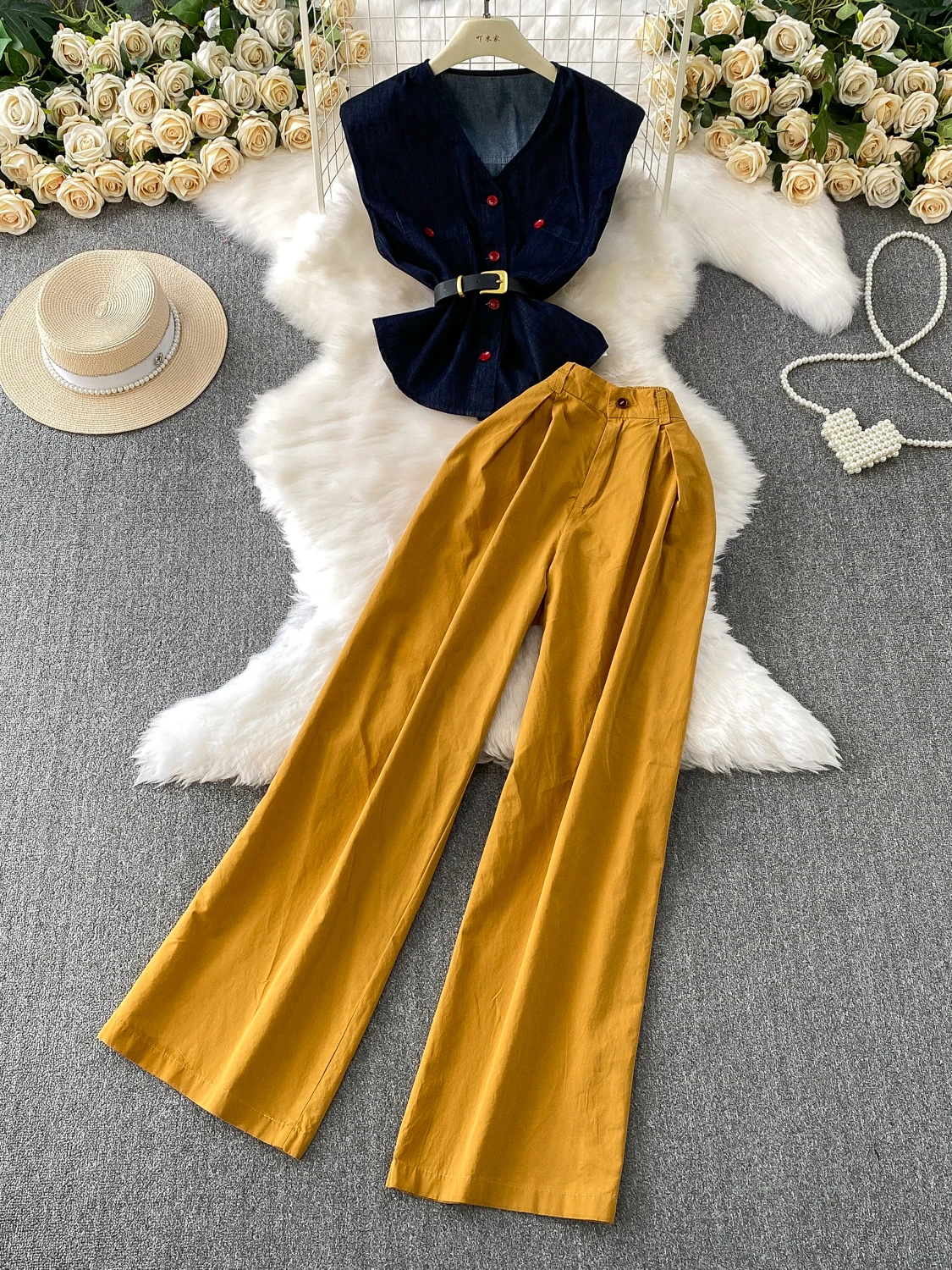 Ele Vintage Svel Jaet High Waist Wide Leg Pants Single Button Suit Two Piece Set for Young Women Summer Faion