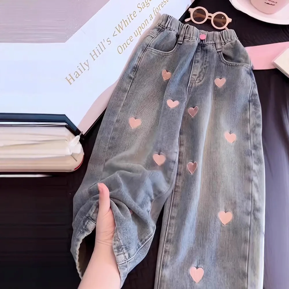 2026 Pants Girls Spring Autumn New Trousers Straight Leg Wide Leg Jeans Childrens Jeans Middle Childrens Heart