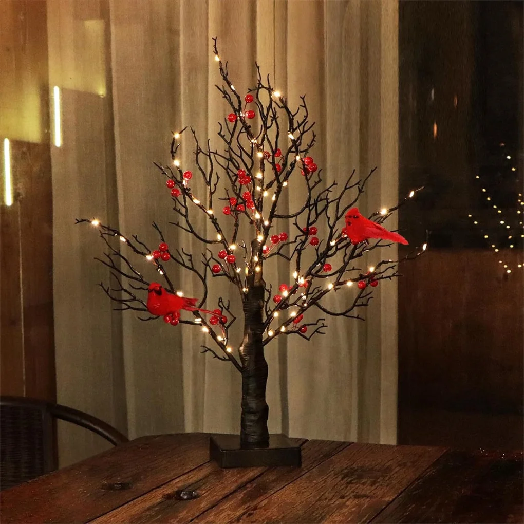 2025 60 LED Black Artificial Birch Lighting With Red Berry And Bird Parrots Battery Operated Tabletop Mini Artificial Tree Lamp